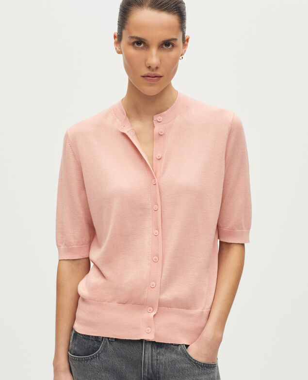 Cardigan en laine m&eacute;rinos et soie M110 rose bonbon