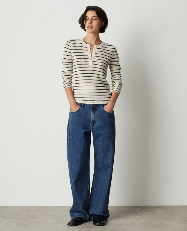 Buttoned crew-neck sweater U301 stripe natural