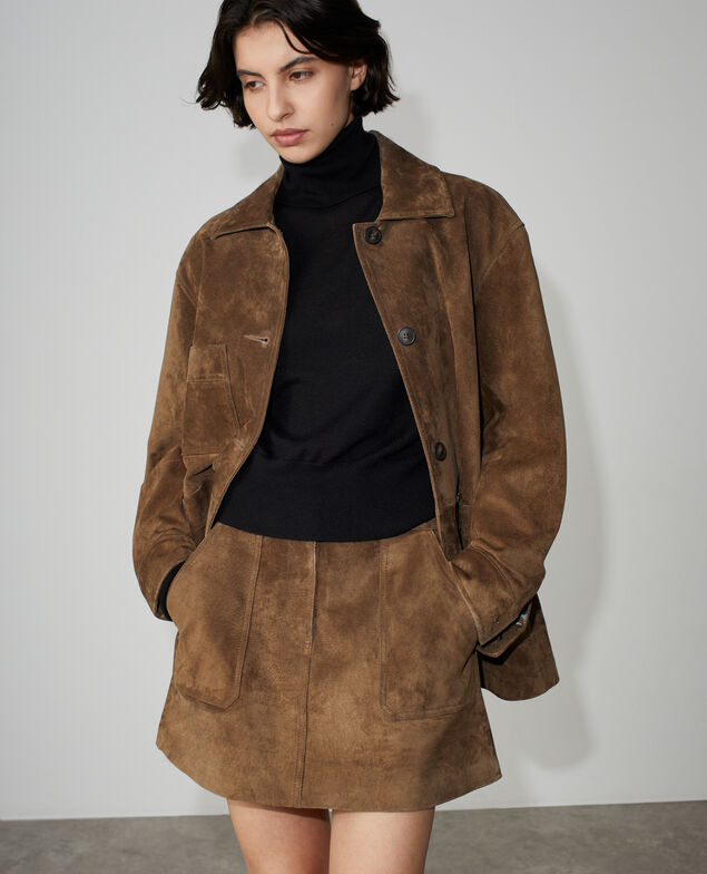 Suede-effect split leather mini skirt M345 mocca