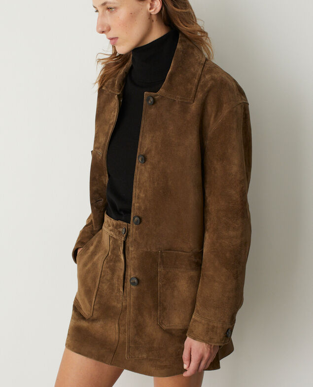 Suede-effect split leather jacket M345 mocca