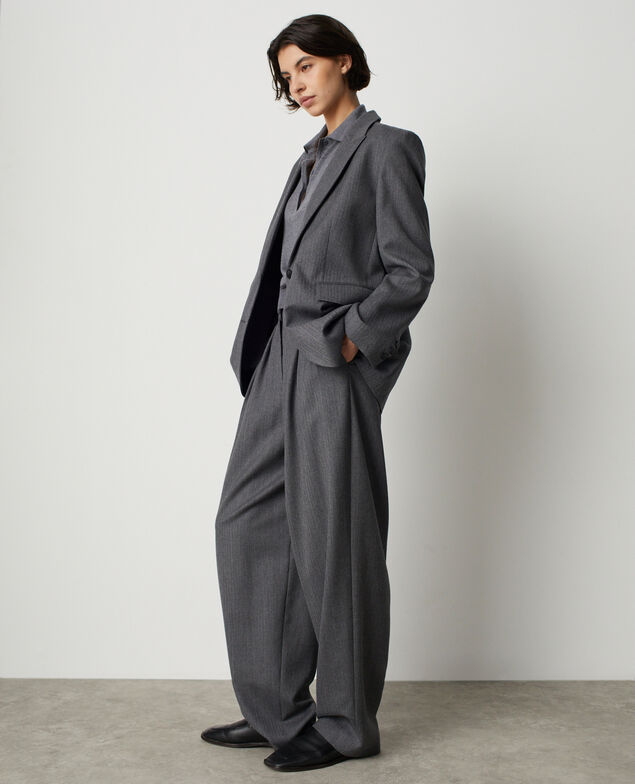 Pleated wool wide-leg trousers M040 herringbone gray