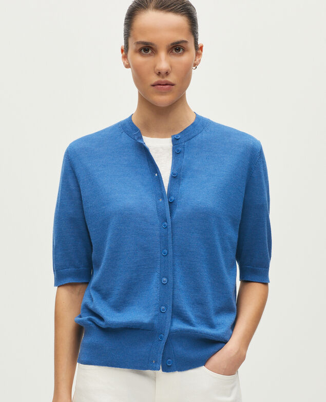 Cardigan en laine m&eacute;rinos et soie M650 bleu cobalt