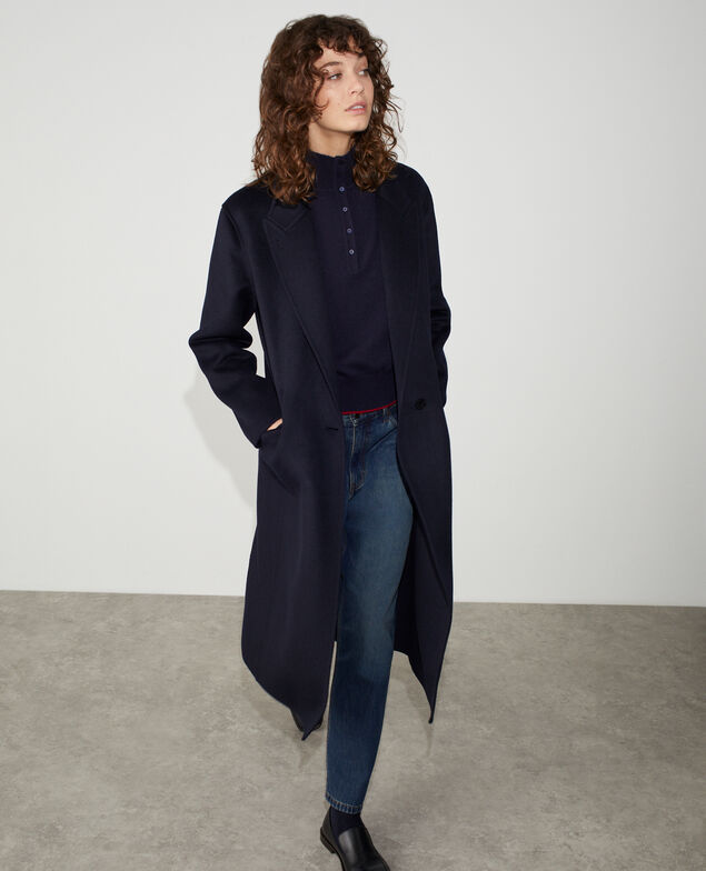 Manteau long en laine m&eacute;lang&eacute;e double face et touche de cachemire M691 bleu marine