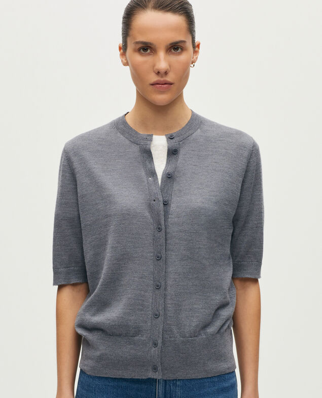 Cardigan en laine m&eacute;rinos et soie M071 gris taupe