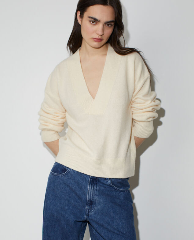 Pull col V en cachemire M303 beige lin