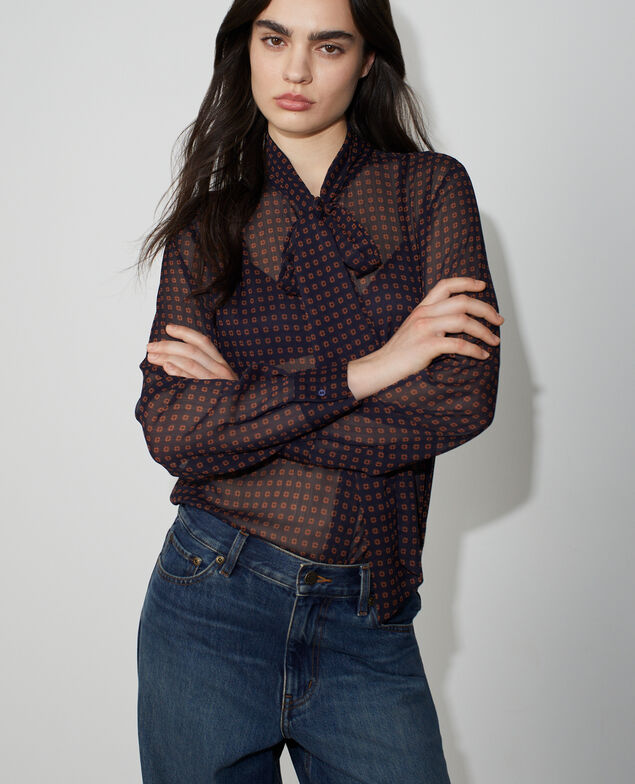 Blouse col lavalli&egrave;re en mousseline imprim&eacute;e M689 cravate navy