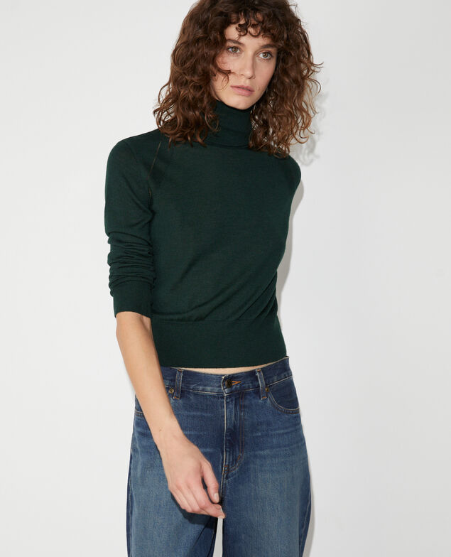 Pull col roul&eacute; en laine m&eacute;rinos et soie M590 vert fonce
