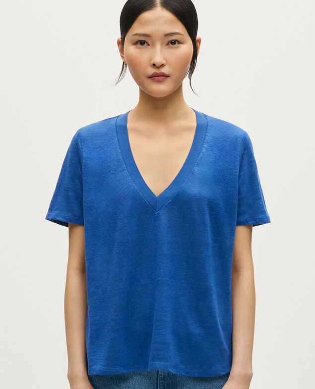 T-shirt col V en lin SARAH H660 sodalite blue