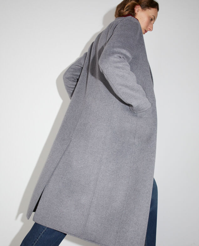 Manteau long en laine m&eacute;lang&eacute;e double face et touche de cachemire M070 gris taupe