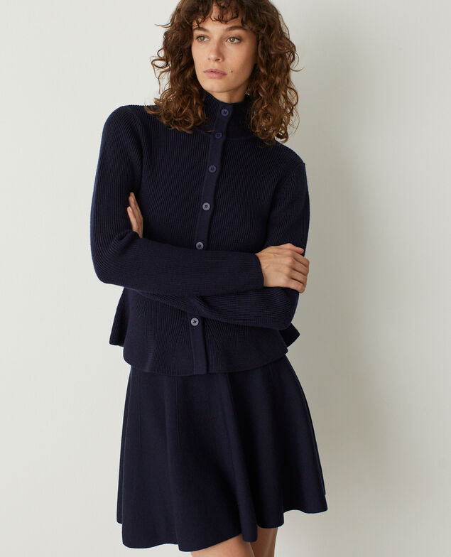 Cardigan p&eacute;plum en laine m&eacute;rinos M690 bleu marine