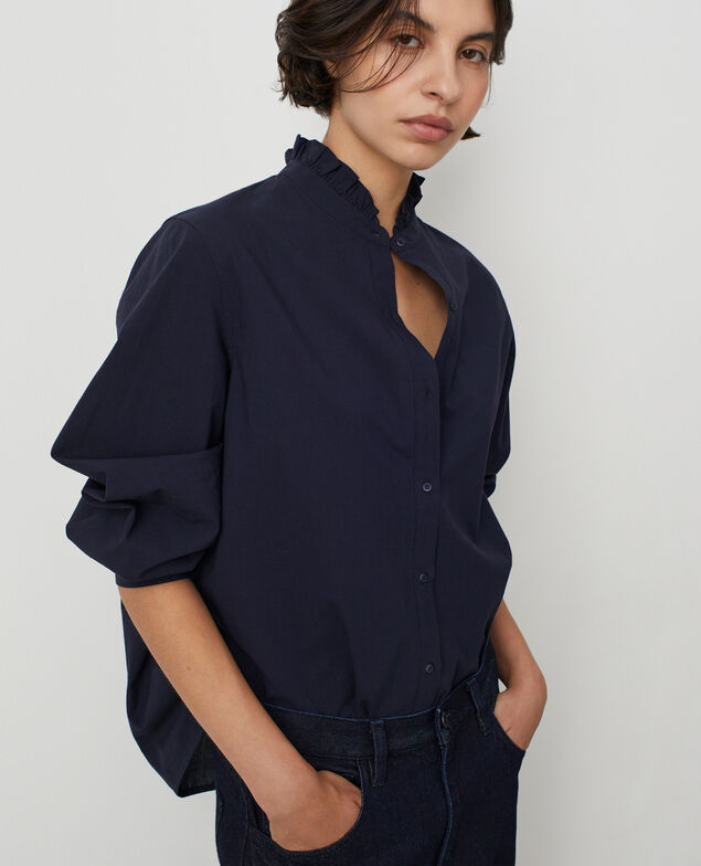 Blouse col volant&eacute; en coton M690 bleu marine