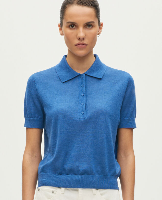 Polo court en laine m&eacute;rinos et soie M650 bleu cobalt
