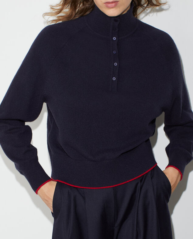 Pull col chemin&eacute; boutonn&eacute; en cachemire M699 navy st red