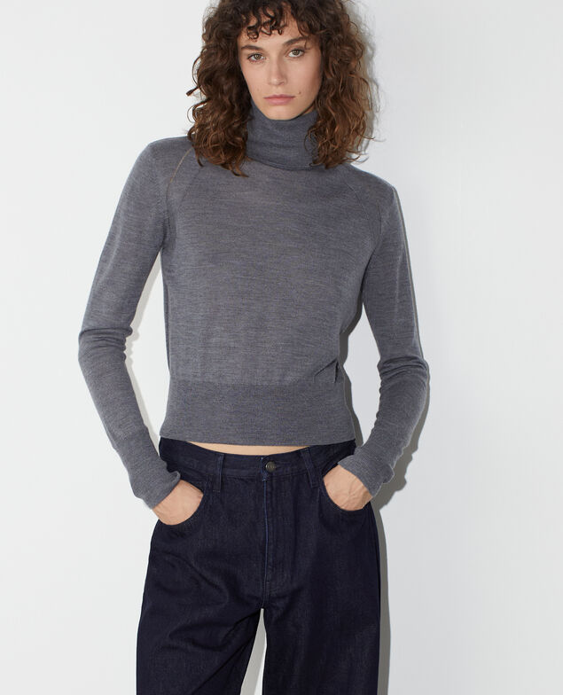 Pull col roul&eacute; en laine m&eacute;rinos et soie M071 gris taupe