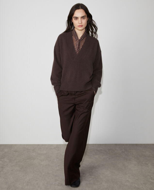 Pull col V en cachemire M390 marron fonce