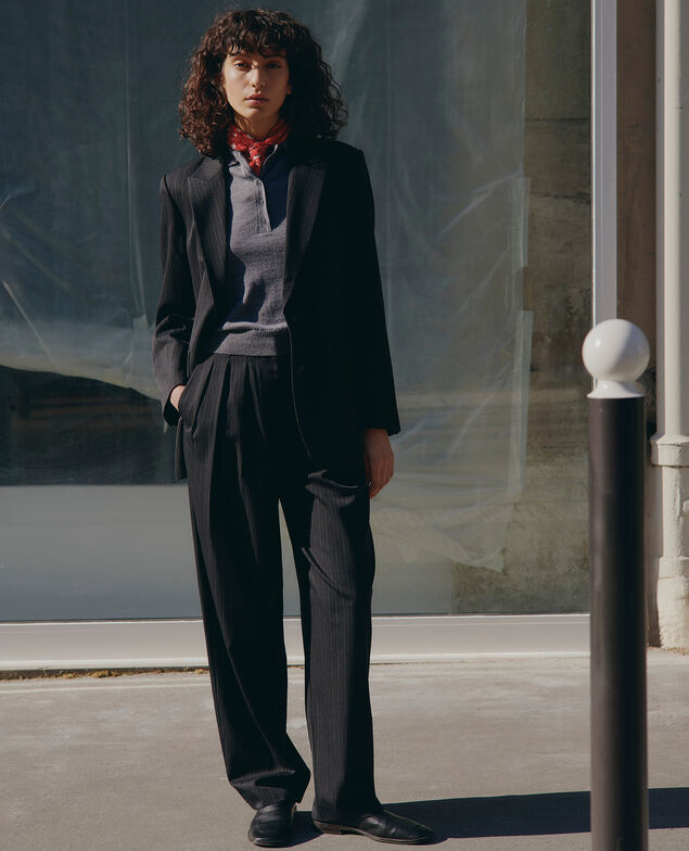 Pantalon ample &agrave; plis en laine M082 st gray brown