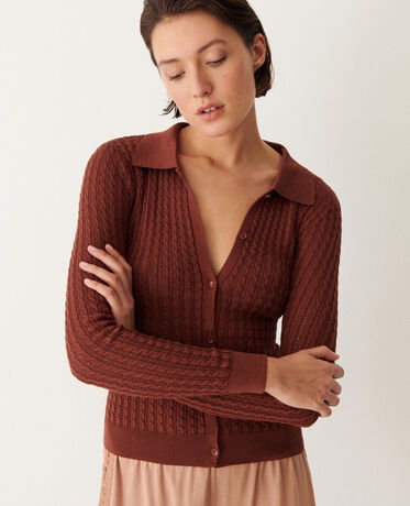 Long-sleeved cardigan Maille pointelle Dark brown