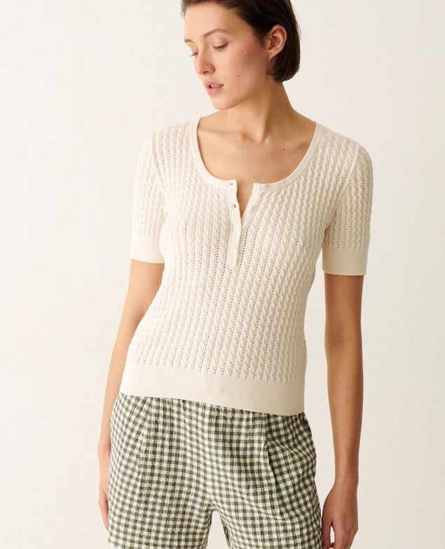 Pull manches courtes Maille pointelle Blanc glacé