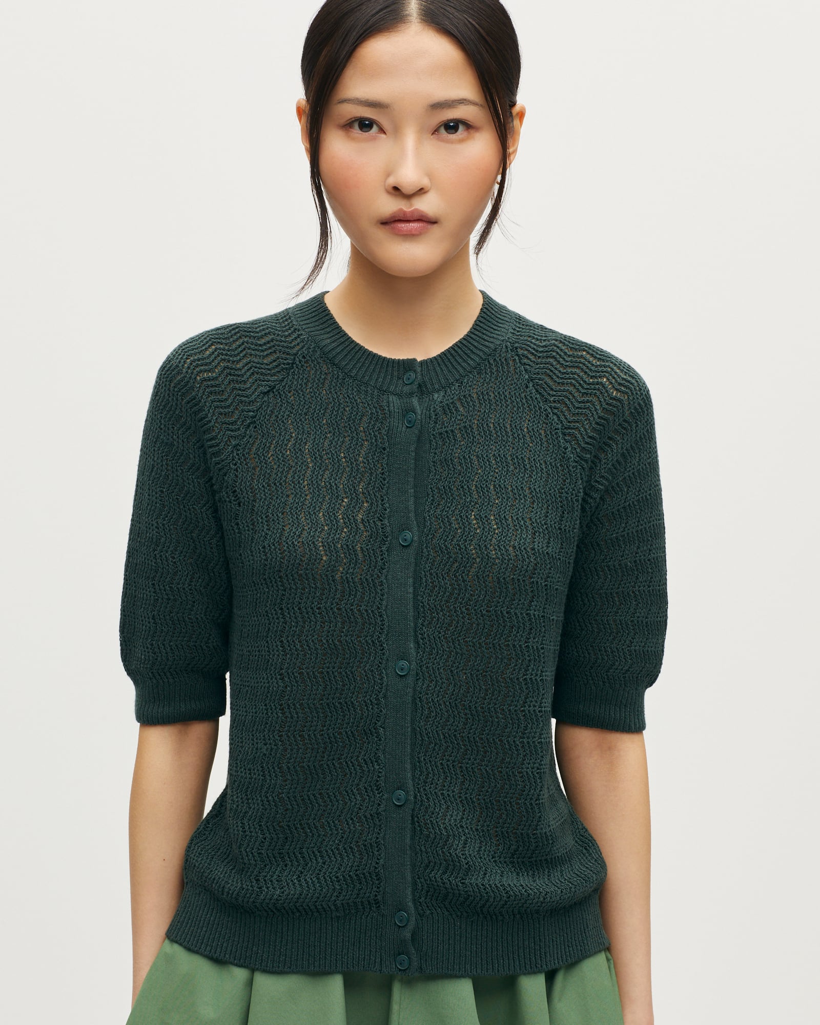 Short-sleeve linen cardigan spruce green | Princesse tam.tam